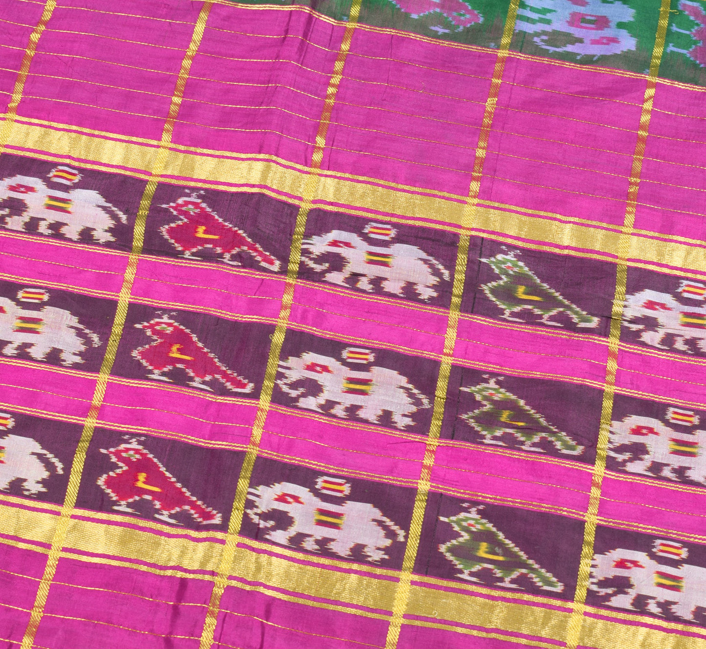 Sushila Vintage Green Patola Saree Pure Silk Handloom Checks Ikat Sari Fabric