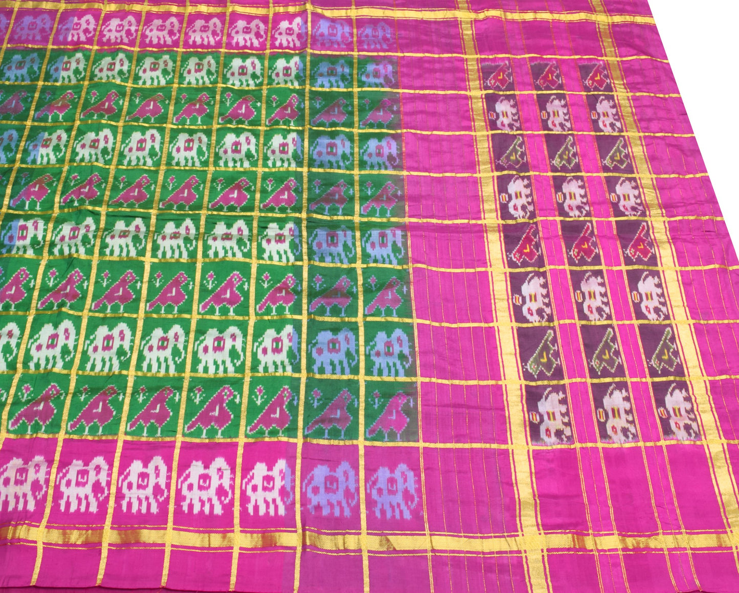 Sushila Vintage Green Patola Saree Pure Silk Handloom Checks Ikat Sari Fabric