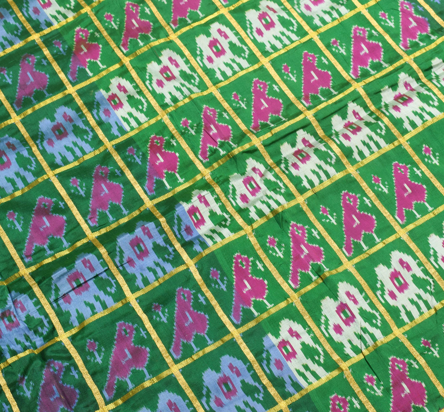 Sushila Vintage Green Patola Saree Pure Silk Handloom Checks Ikat Sari Fabric