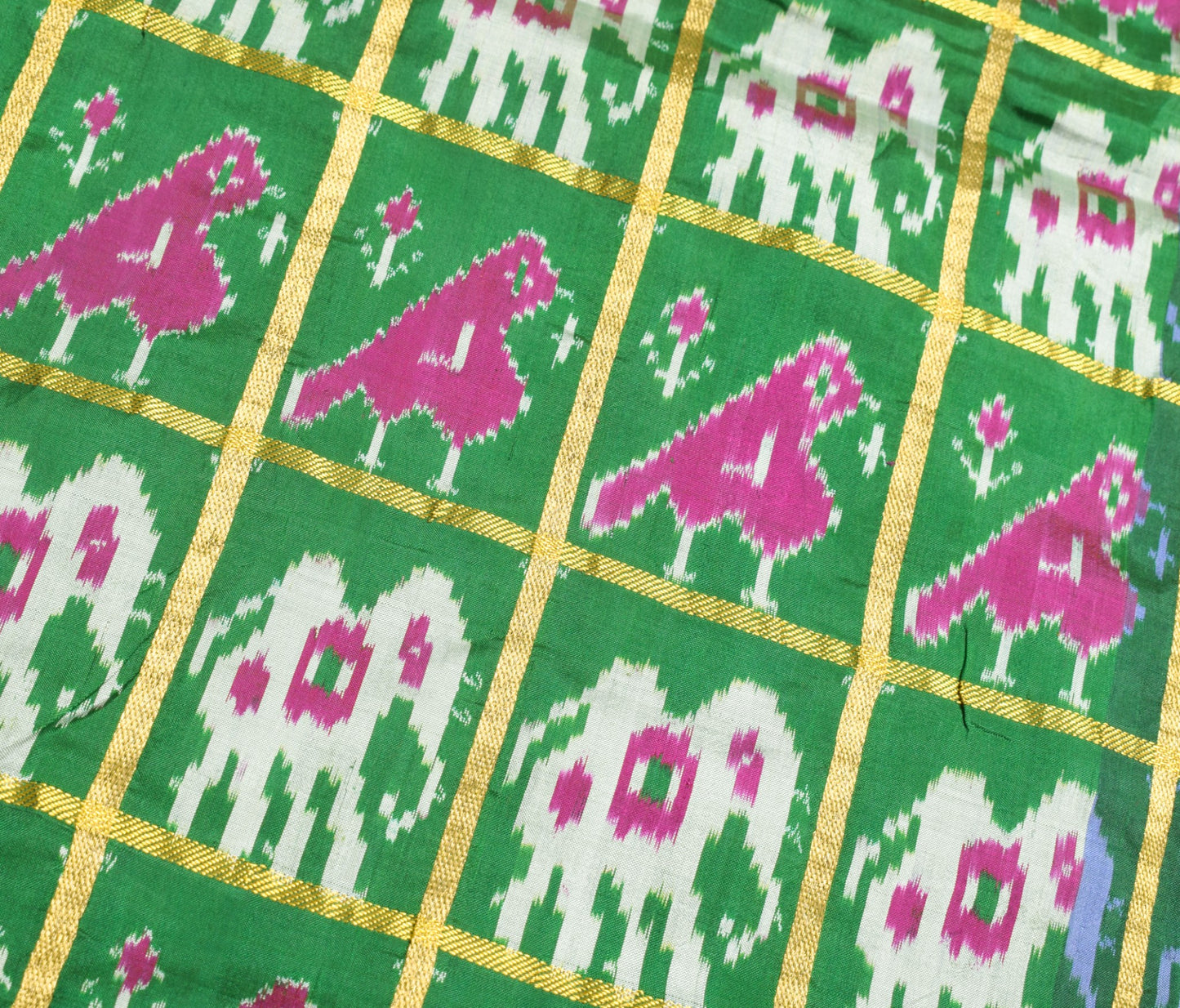 Sushila Vintage Green Patola Saree Pure Silk Handloom Checks Ikat Sari Fabric