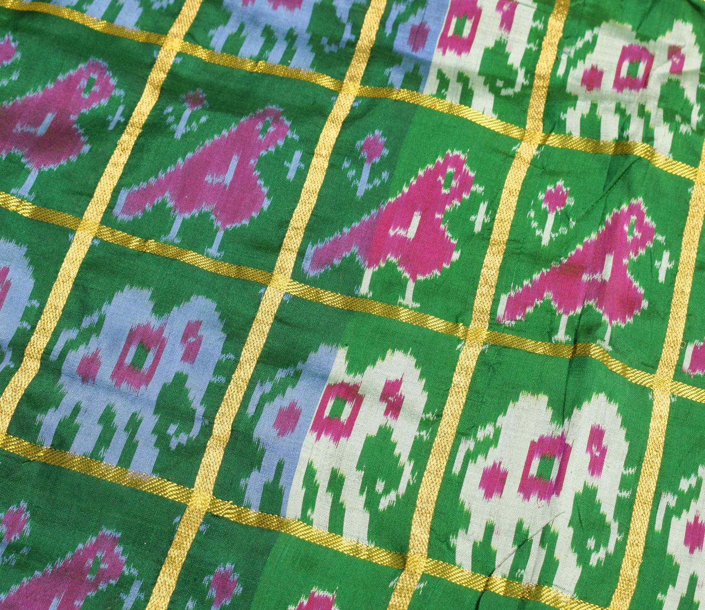 Sushila Vintage Green Patola Saree Pure Silk Handloom Checks Ikat Sari Fabric