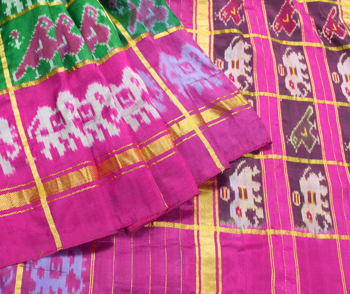 Sushila Vintage Green Patola Saree Pure Silk Handloom Checks Ikat Sari Fabric