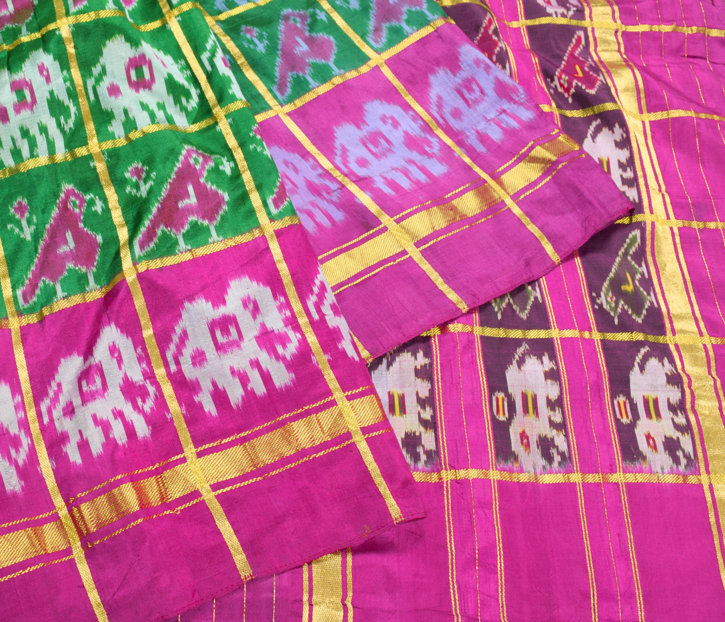 Sushila Vintage Green Patola Saree Pure Silk Handloom Checks Ikat Sari Fabric