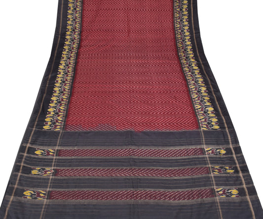 Sushila Vintage Maroon Saree Pure Silk Ikat Patola Handloom Sari Craft Fabric