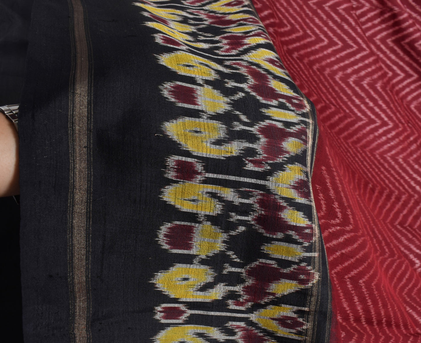 Sushila Vintage Maroon Saree Pure Silk Ikat Patola Handloom Sari Craft Fabric