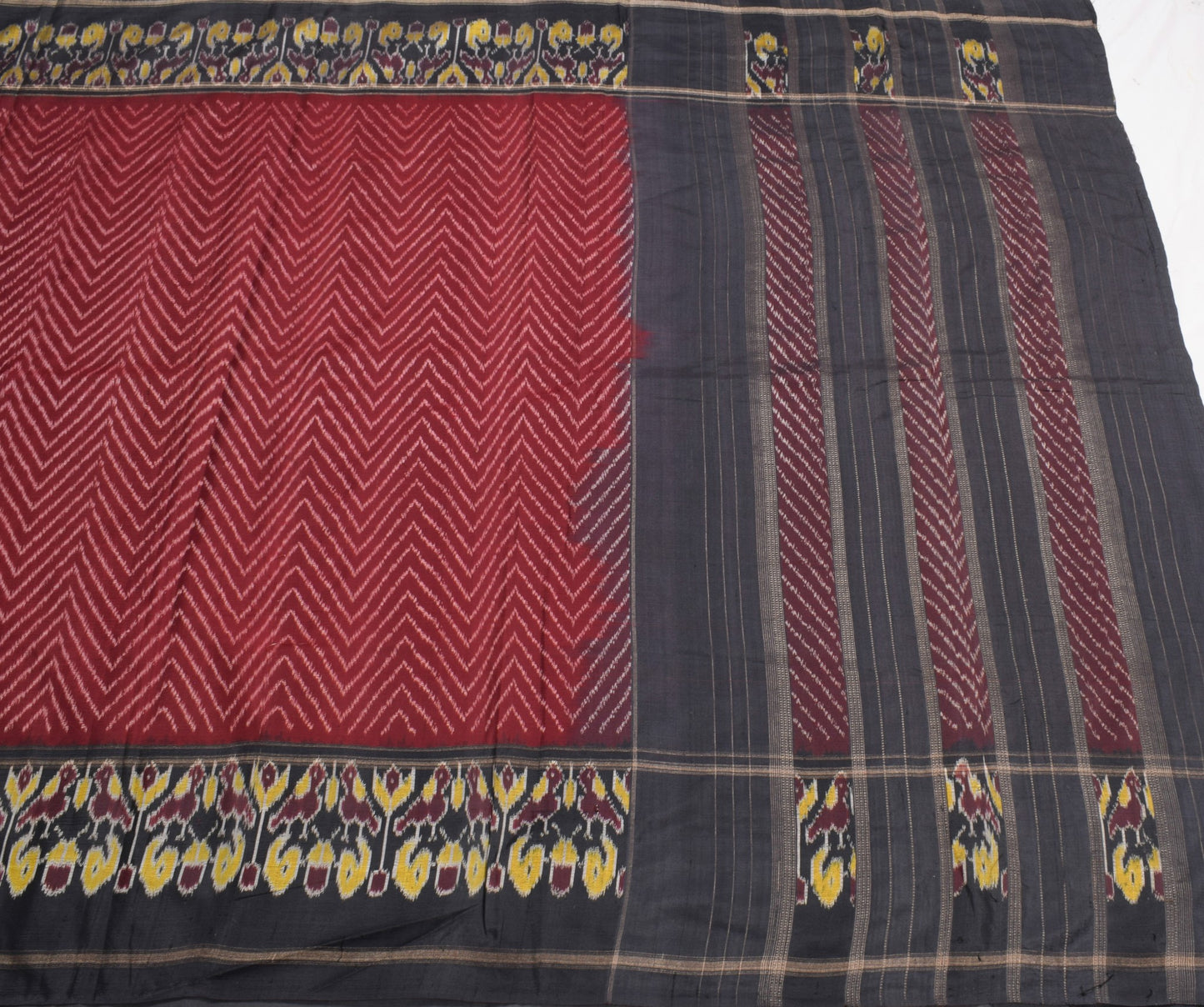 Sushila Vintage Maroon Saree Pure Silk Ikat Patola Handloom Sari Craft Fabric