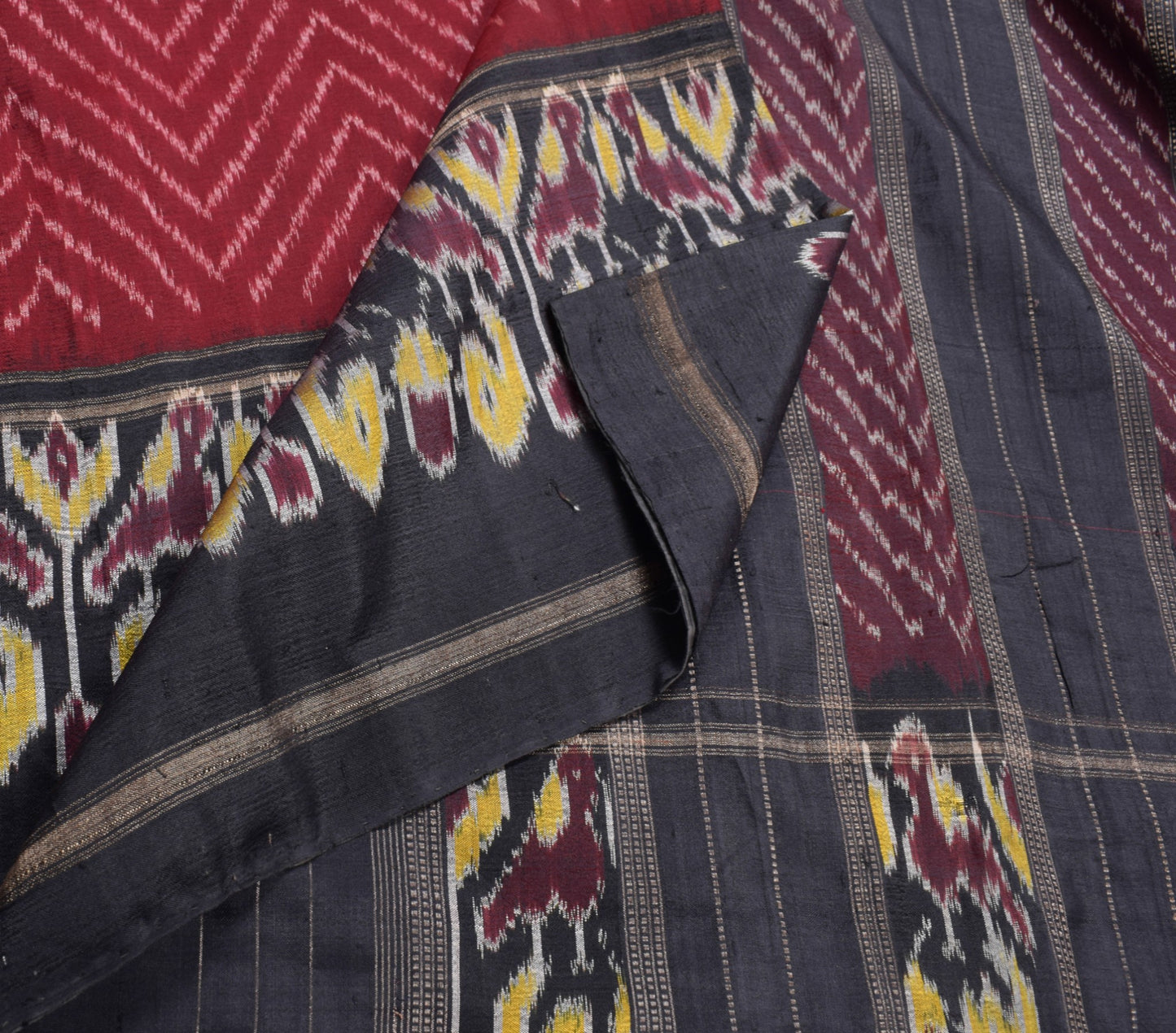 Sushila Vintage Maroon Saree Pure Silk Ikat Patola Handloom Sari Craft Fabric