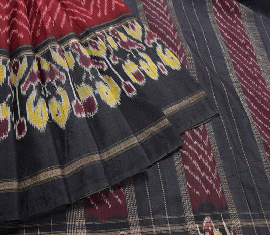 Sushila Vintage Maroon Saree Pure Silk Ikat Patola Handloom Sari Craft Fabric