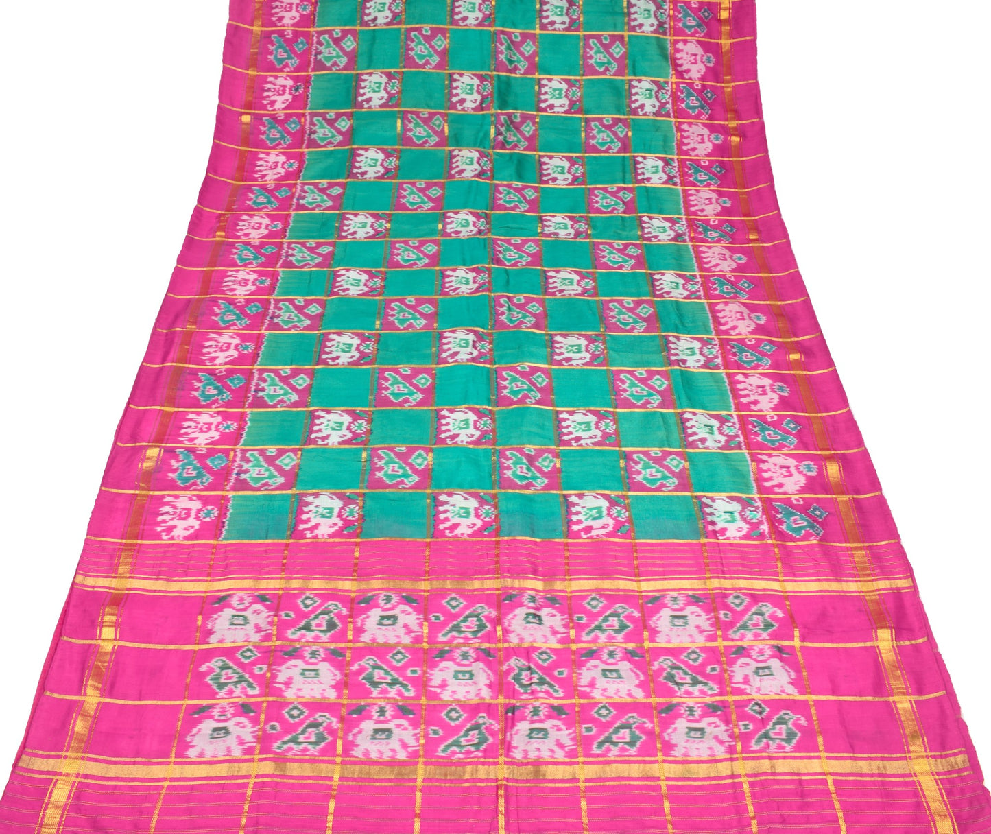 Sushila Vintage Handwoven Ikat Saree Green Patola Zari Checks Animal Motifs Sari