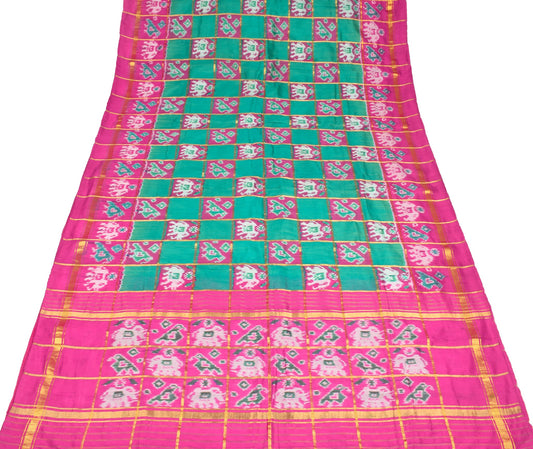 Sushila Vintage Handwoven Ikat Saree Green Patola Zari Checks Animal Motifs Sari