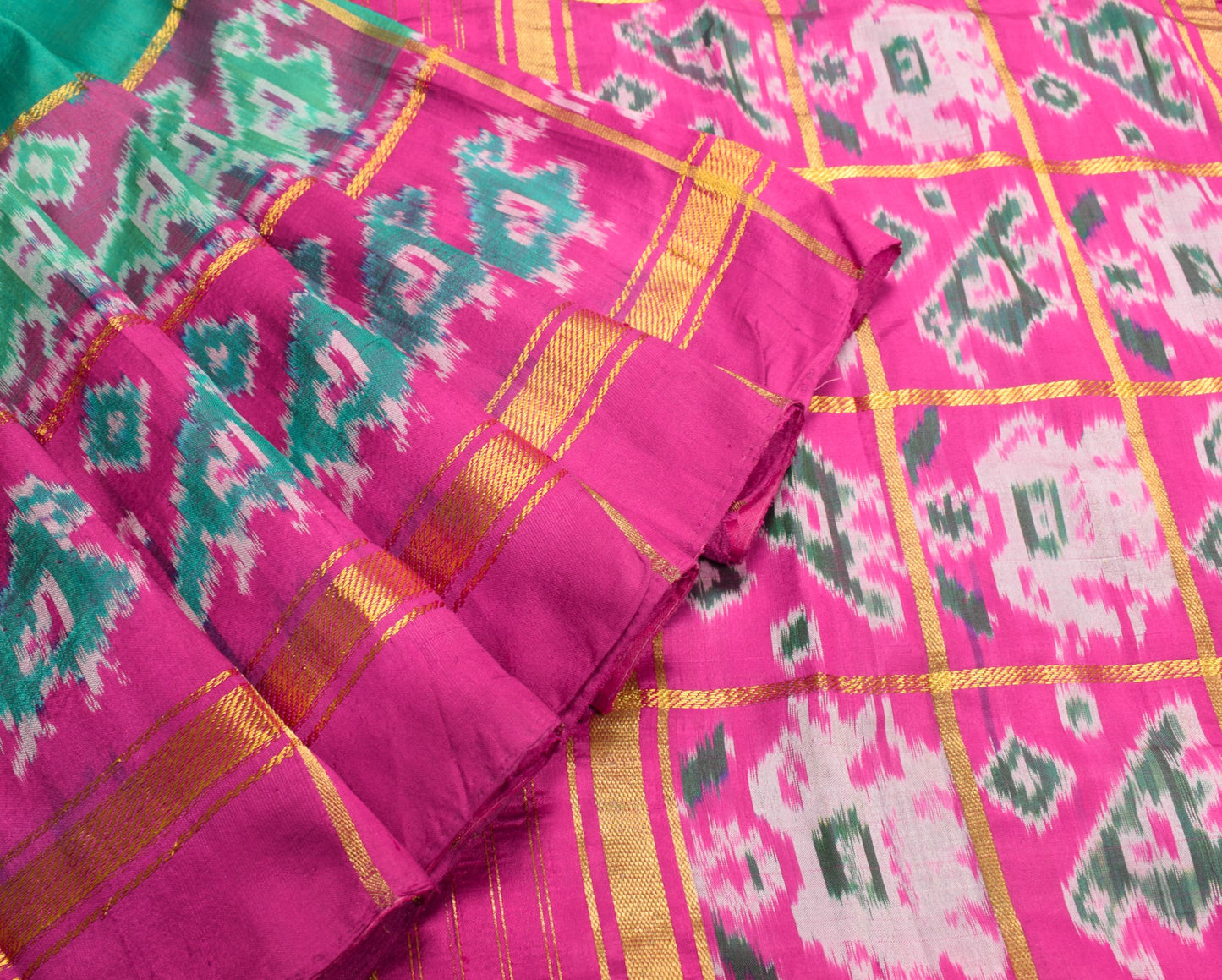 Sushila Vintage Handwoven Ikat Saree Green Patola Zari Checks Animal Motifs Sari