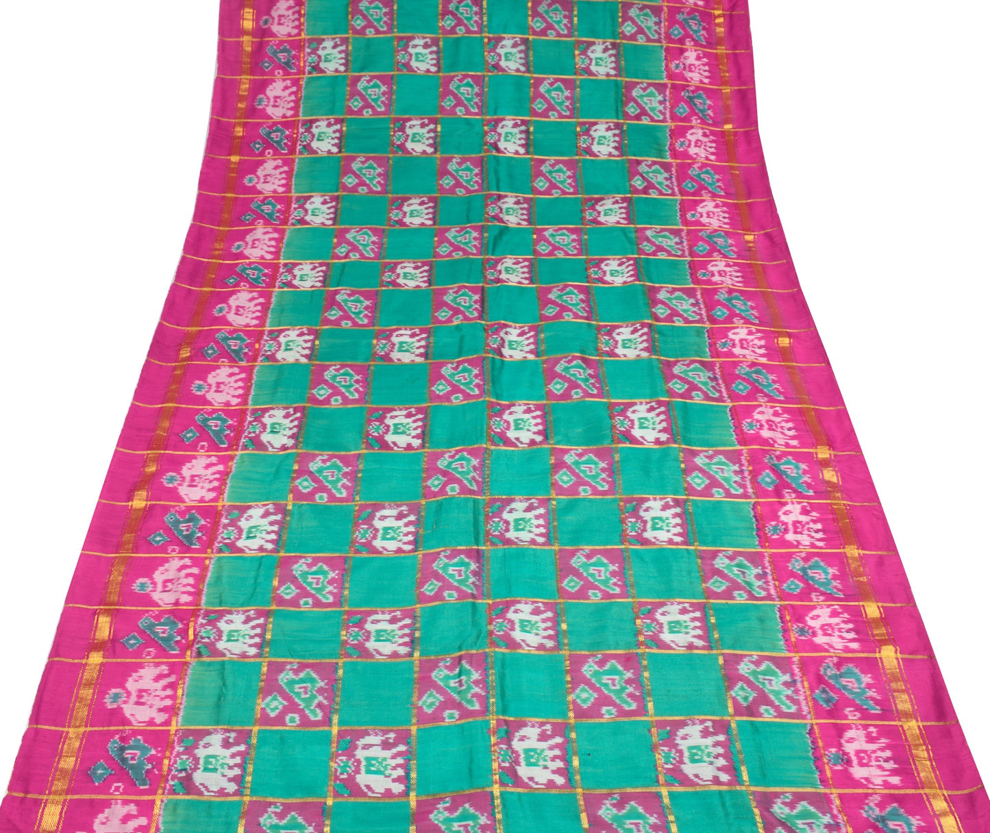 Sushila Vintage Handwoven Ikat Saree Green Patola Zari Checks Animal Motifs Sari