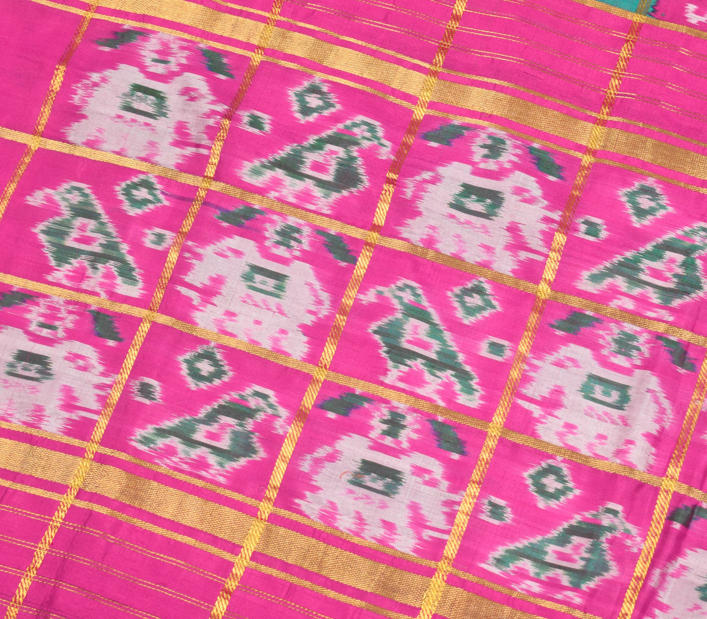 Sushila Vintage Handwoven Ikat Saree Green Patola Zari Checks Animal Motifs Sari