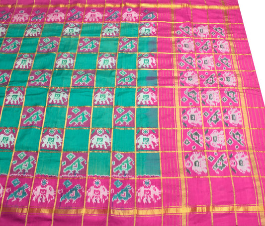 Sushila Vintage Handwoven Ikat Saree Green Patola Zari Checks Animal Motifs Sari