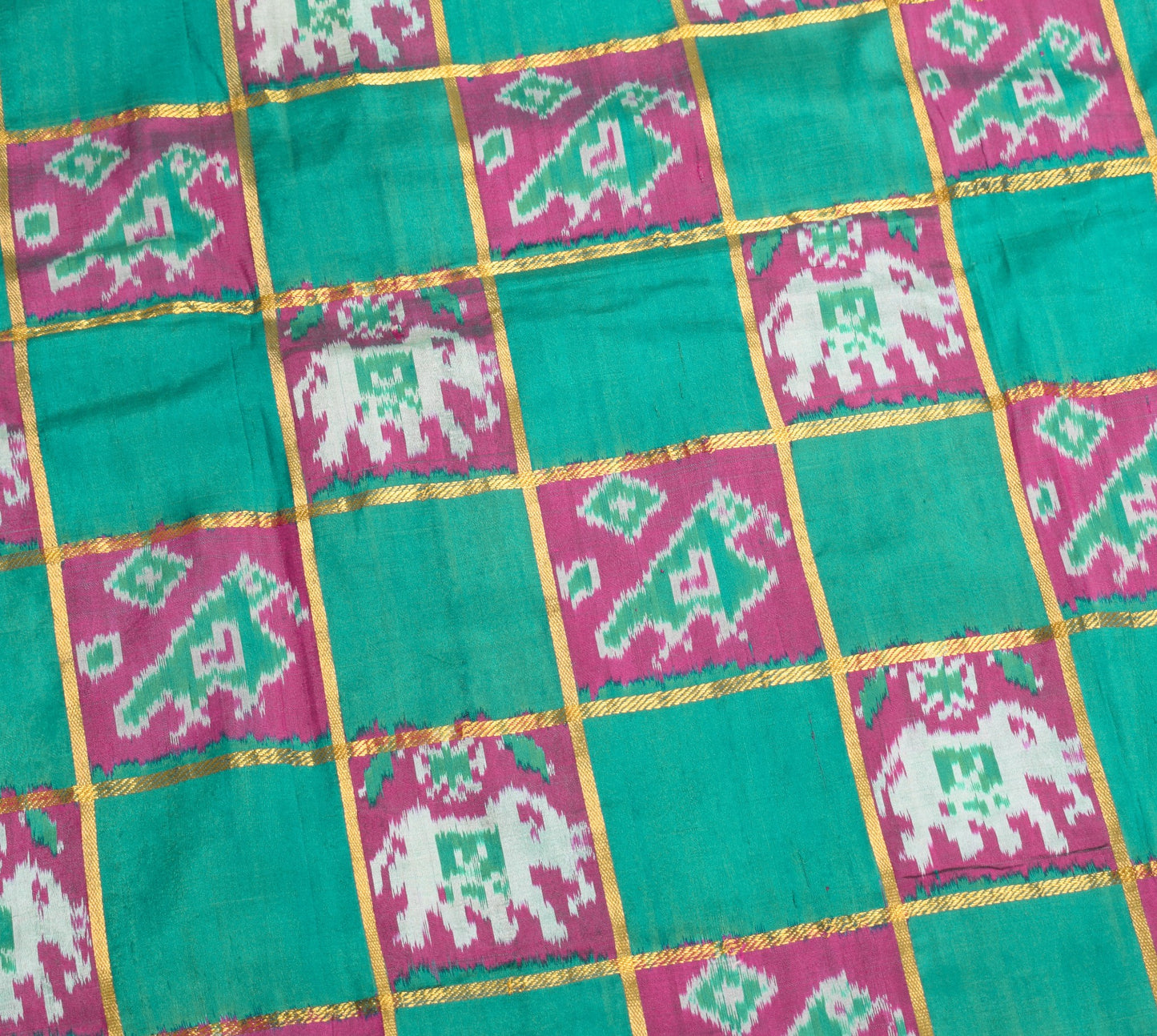 Sushila Vintage Handwoven Ikat Saree Green Patola Zari Checks Animal Motifs Sari