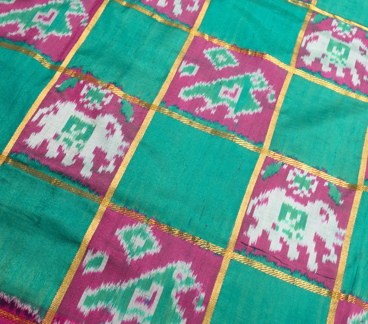 Sushila Vintage Handwoven Ikat Saree Green Patola Zari Checks Animal Motifs Sari