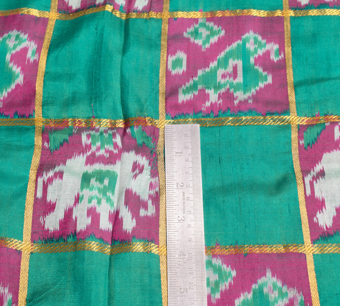 Sushila Vintage Handwoven Ikat Saree Green Patola Zari Checks Animal Motifs Sari