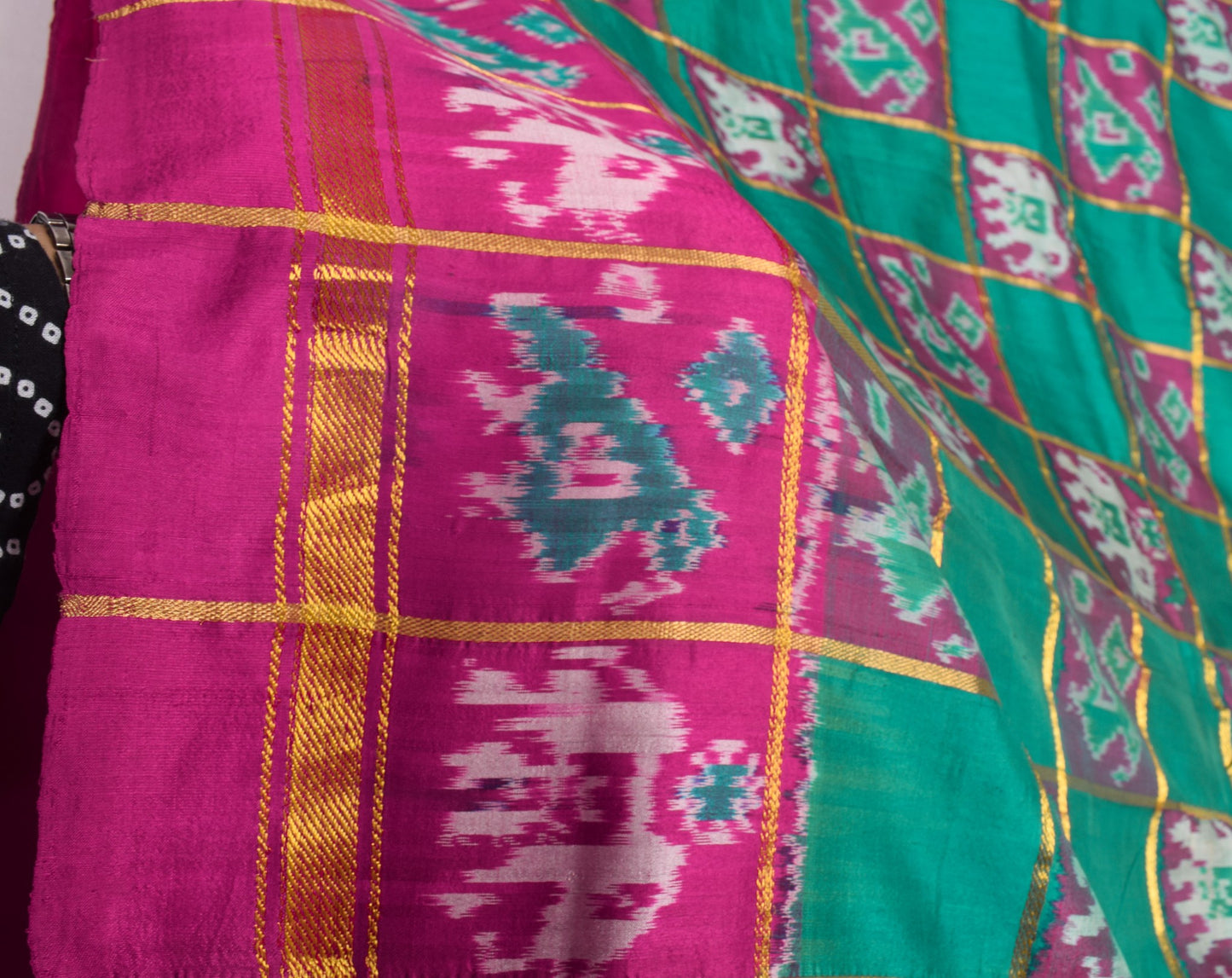 Sushila Vintage Handwoven Ikat Saree Green Patola Zari Checks Animal Motifs Sari