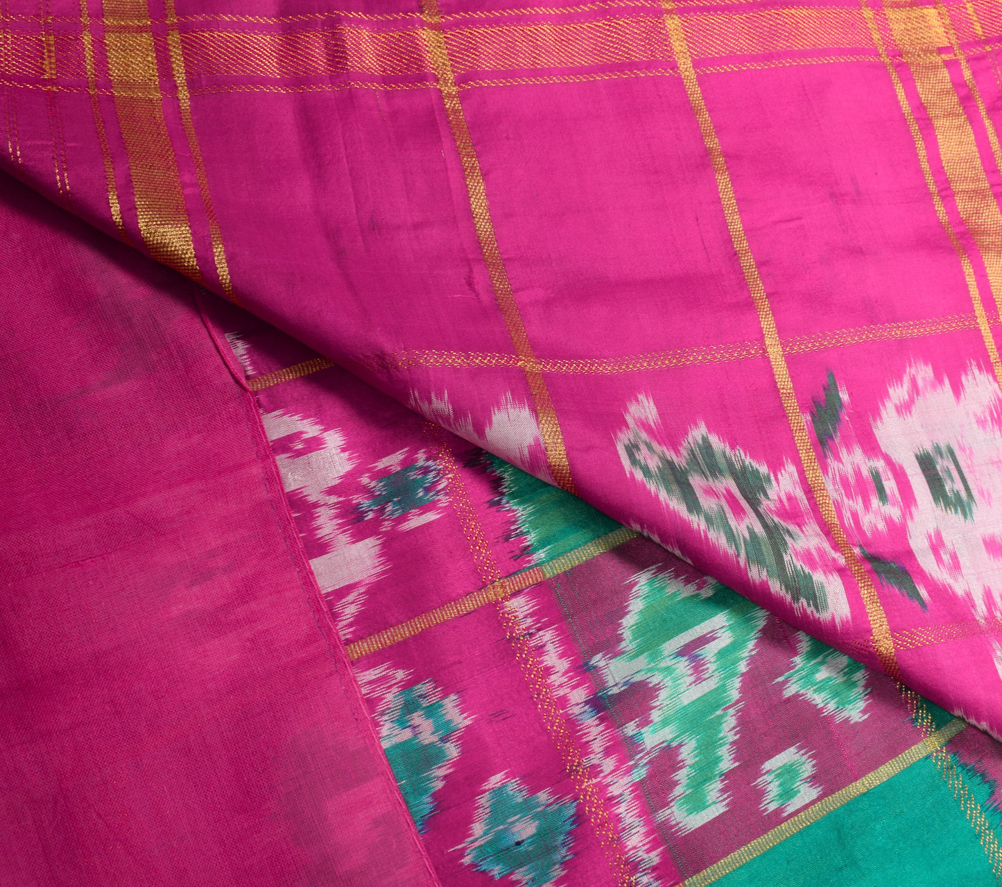 Sushila Vintage Handwoven Ikat Saree Green Patola Zari Checks Animal Motifs Sari