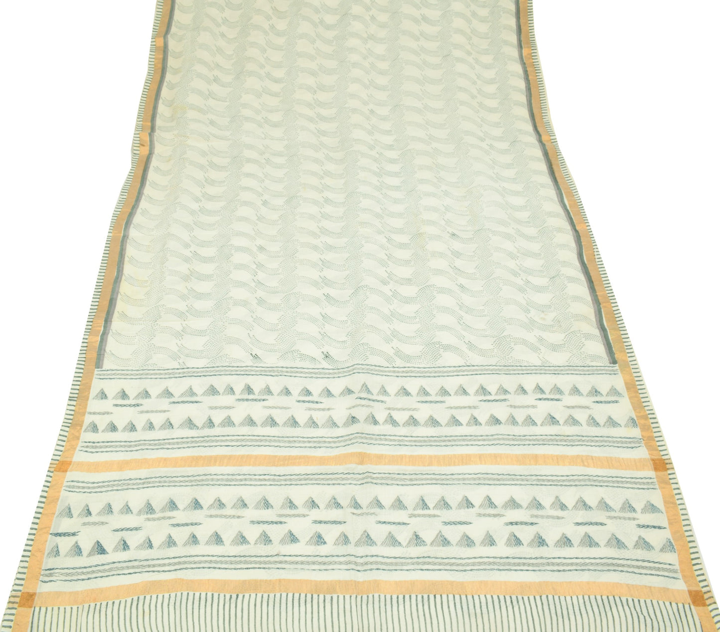 Sushila Vintage Off White Saree Block Print & Hand Embroidered Pure Cotton Sari