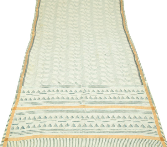 Sushila Vintage Off White Saree Block Print & Hand Embroidered Pure Cotton Sari
