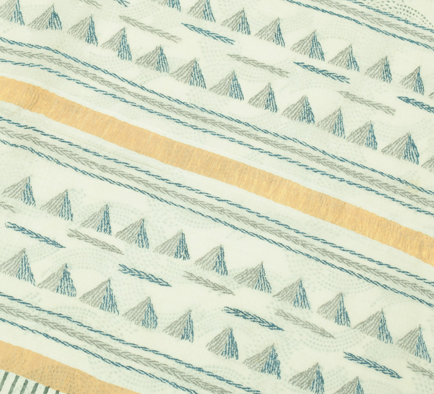 Sushila Vintage Off White Saree Block Print & Hand Embroidered Pure Cotton Sari