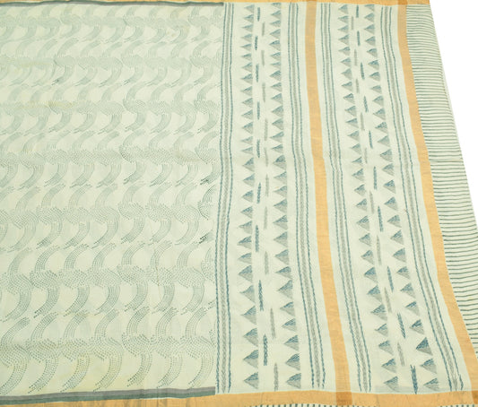 Sushila Vintage Off White Saree Block Print & Hand Embroidered Pure Cotton Sari