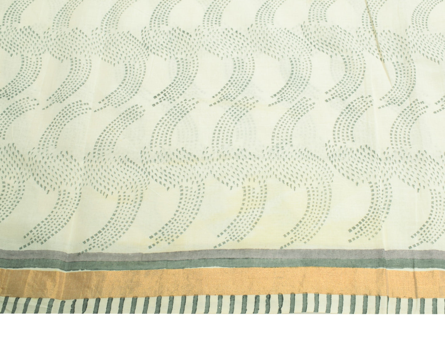 Sushila Vintage Off White Saree Block Print & Hand Embroidered Pure Cotton Sari