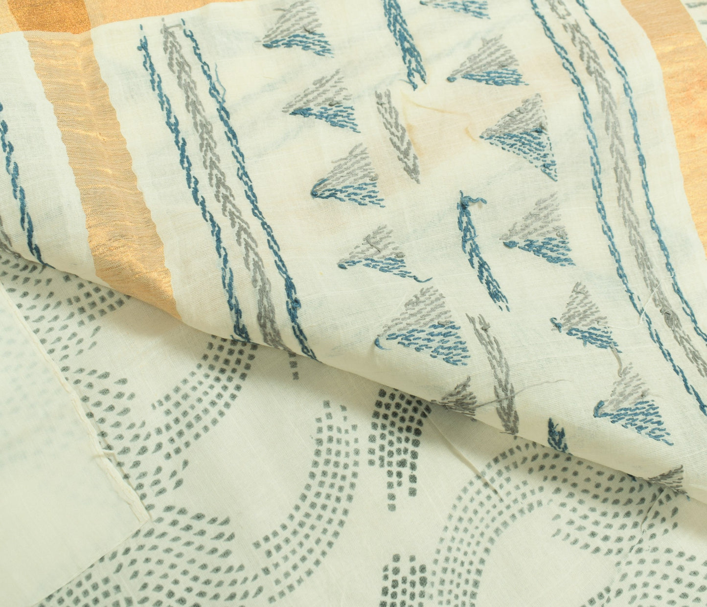 Sushila Vintage Off White Saree Block Print & Hand Embroidered Pure Cotton Sari