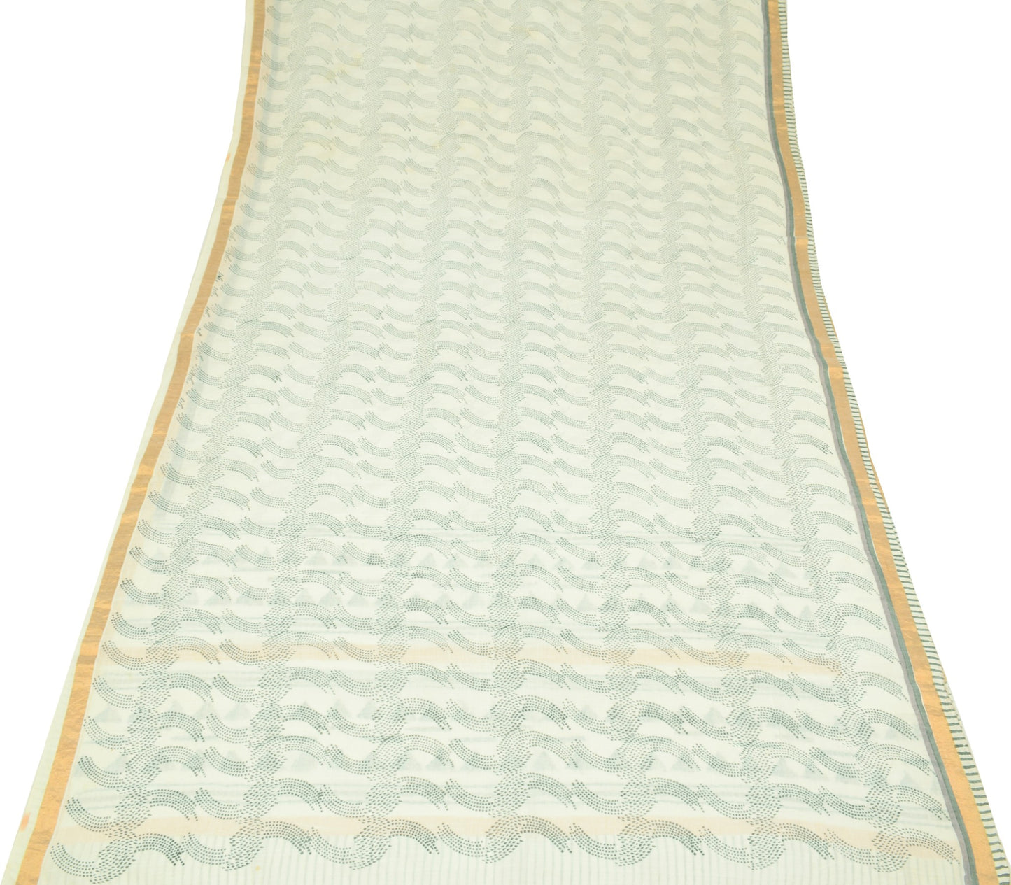 Sushila Vintage Off White Saree Block Print & Hand Embroidered Pure Cotton Sari