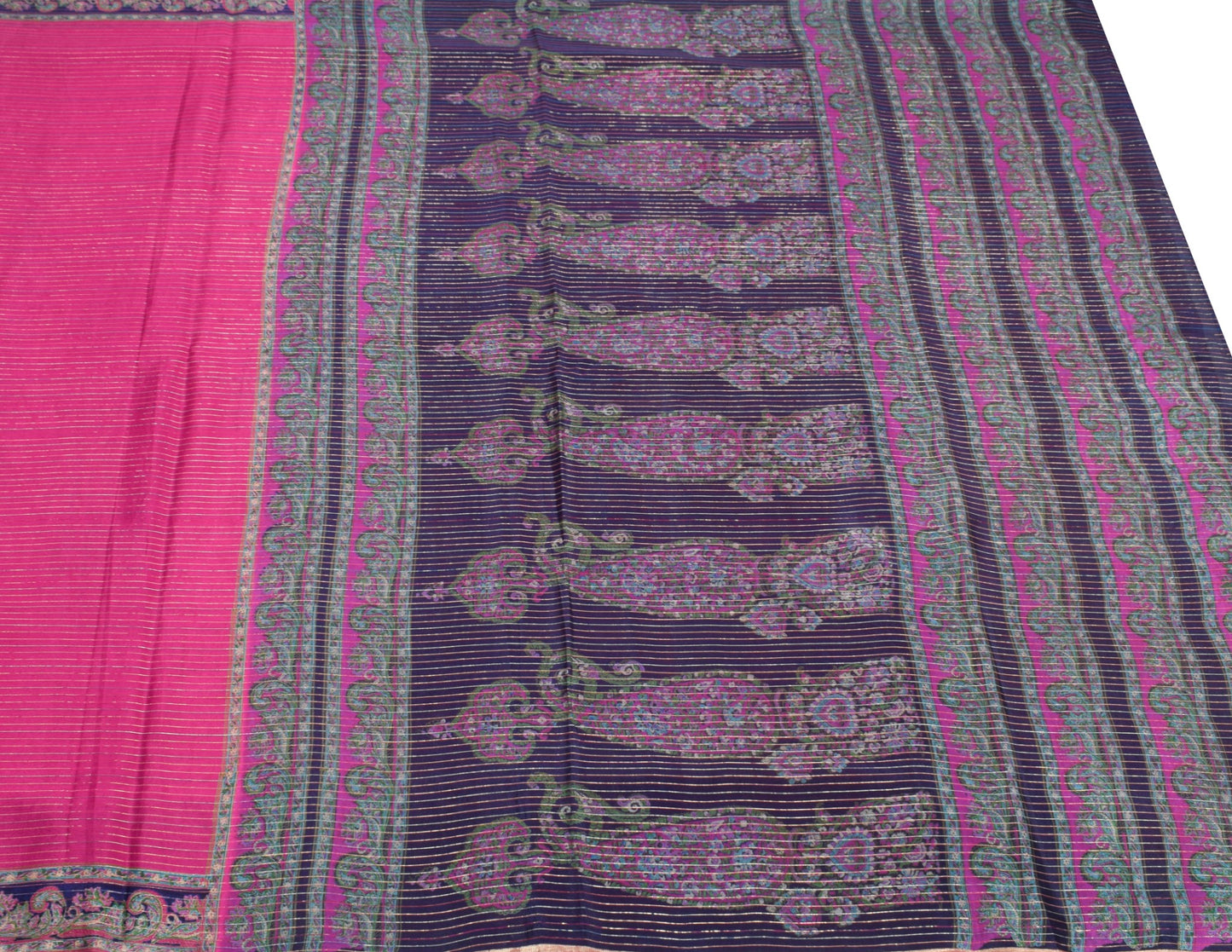Sushila Vintage Magenta Saree with Blue Border Pallu Pure Silk Woven Sari Fabric