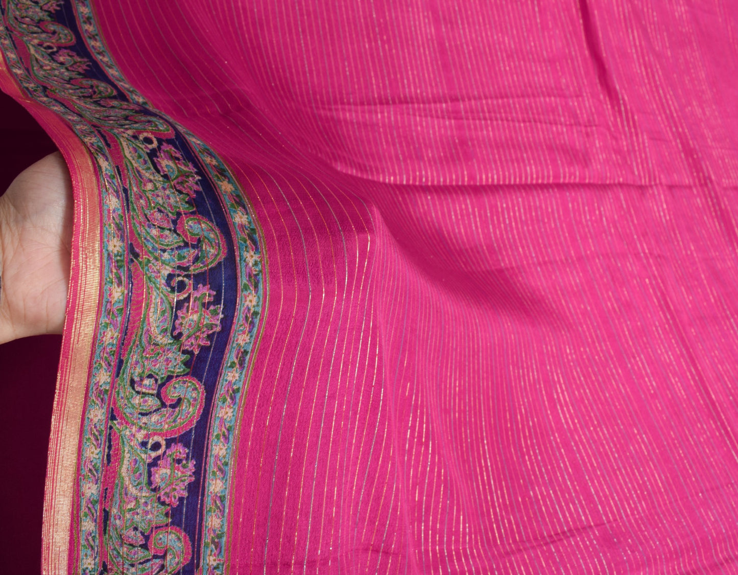 Sushila Vintage Magenta Saree with Blue Border Pallu Pure Silk Woven Sari Fabric
