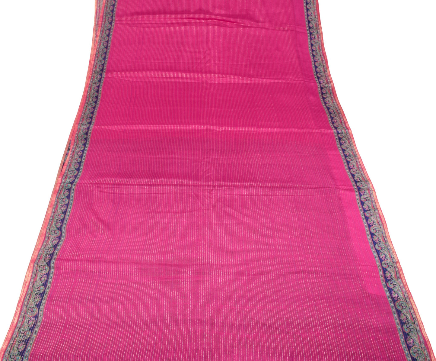 Sushila Vintage Magenta Saree with Blue Border Pallu Pure Silk Woven Sari Fabric