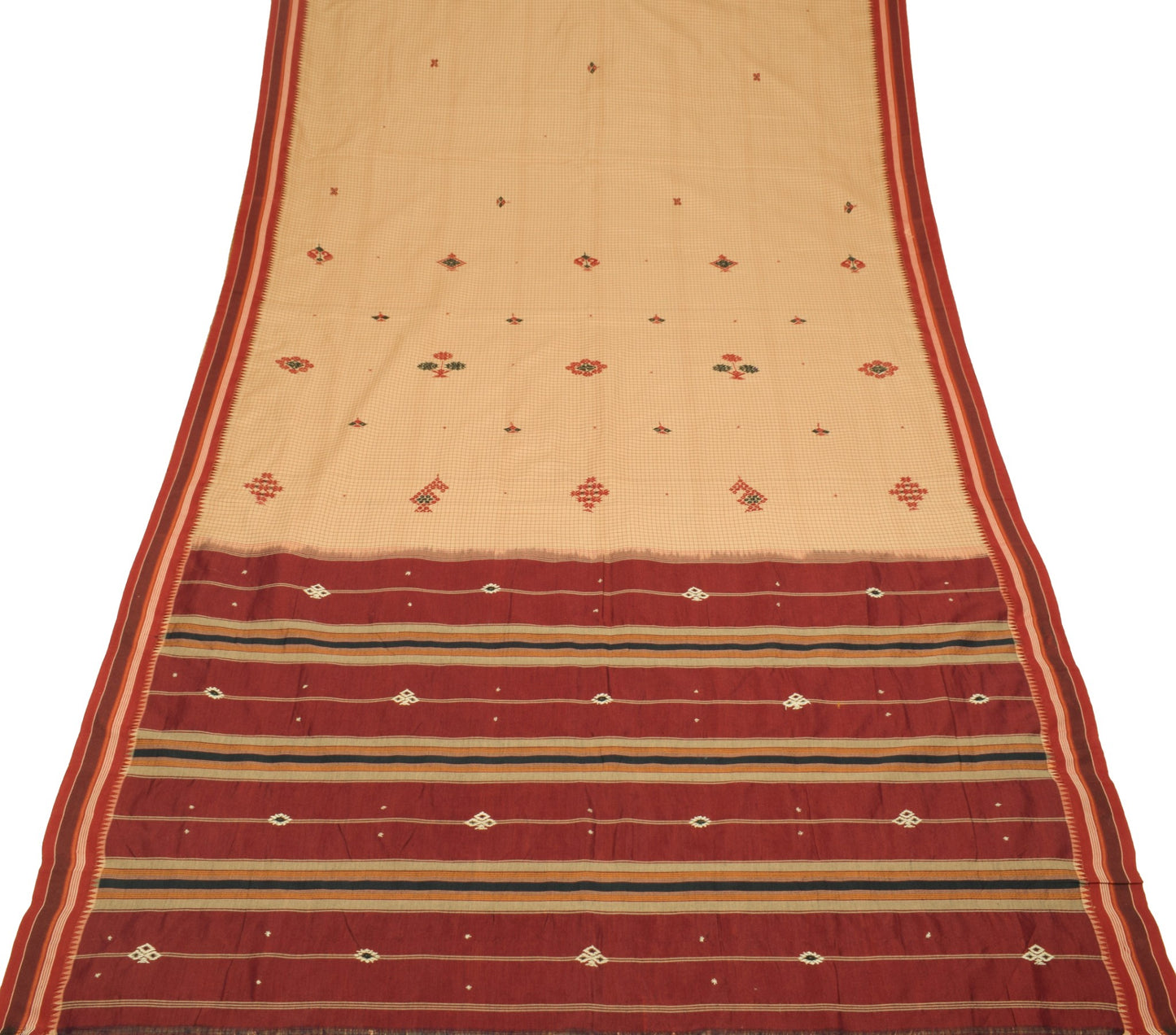 Sushila Vintage Light Brown  Saree Pure Cotton Silk Hand Embroidered Sari Fabric