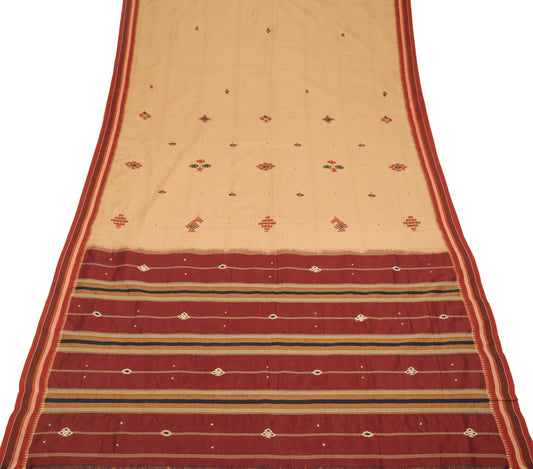 Sushila Vintage Light Brown  Saree Pure Cotton Silk Hand Embroidered Sari Fabric
