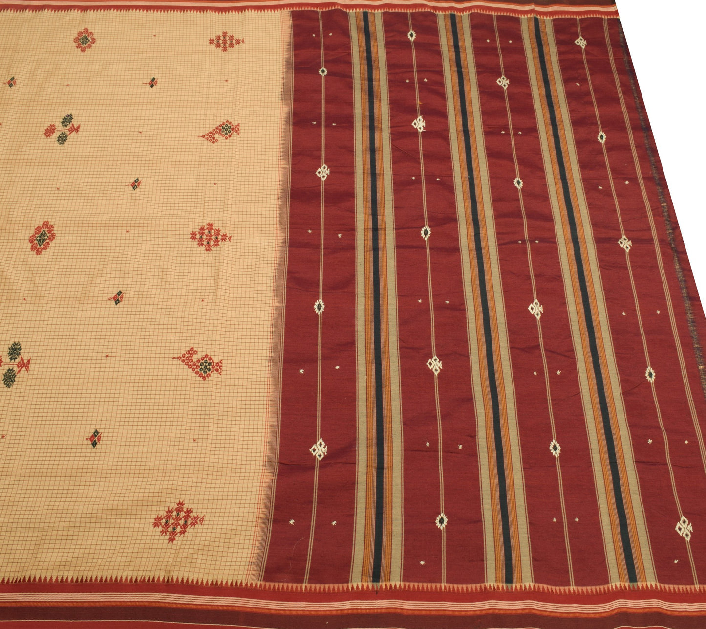 Sushila Vintage Light Brown  Saree Pure Cotton Silk Hand Embroidered Sari Fabric