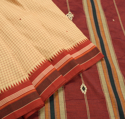 Sushila Vintage Light Brown  Saree Pure Cotton Silk Hand Embroidered Sari Fabric