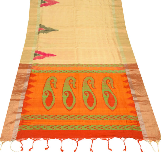 Sushila Vintage Beige Hand Woven Saree Pure Kahdi Handloom Premium Sari Fabric