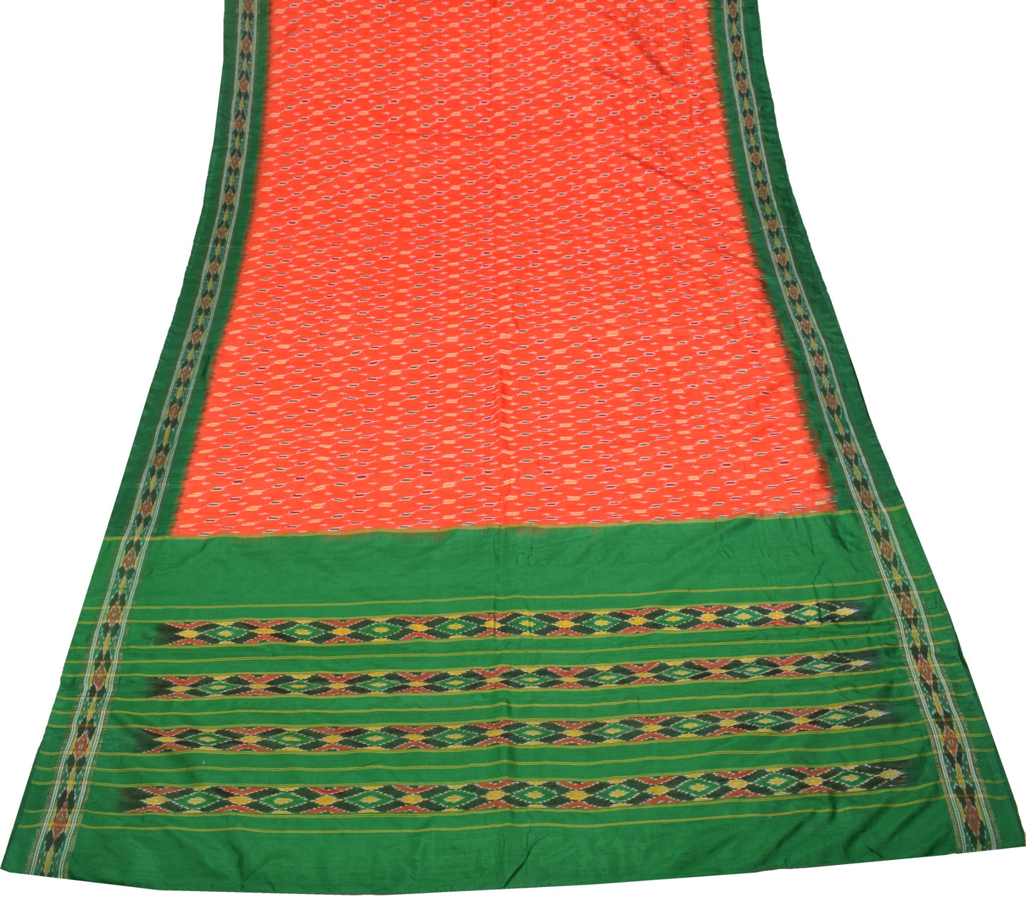 Sushila Vintage Orange Pure Silk Saree Hand Woven Ikat Patola Sari Craft Fabric