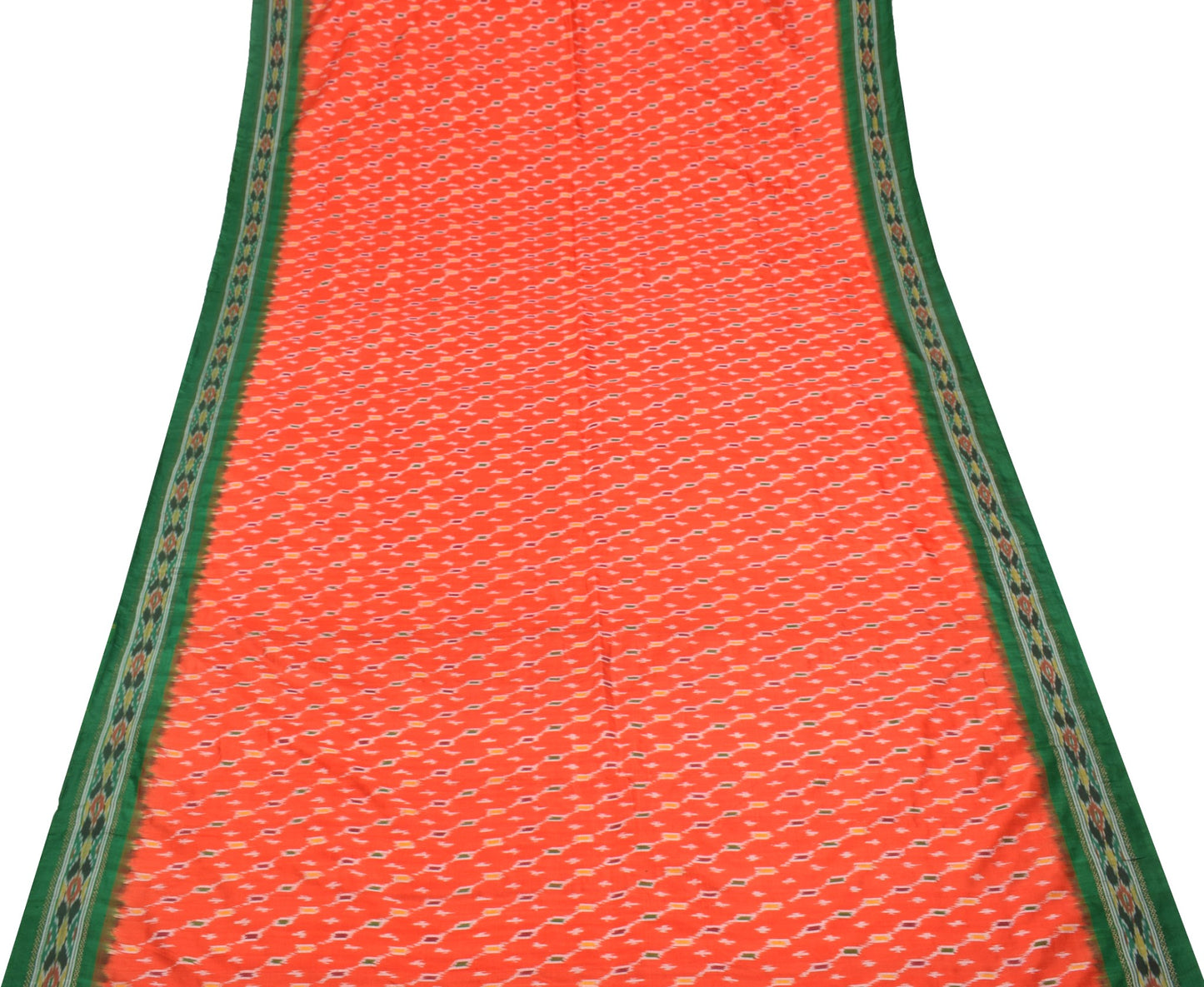 Sushila Vintage Orange Pure Silk Saree Hand Woven Ikat Patola Sari Craft Fabric