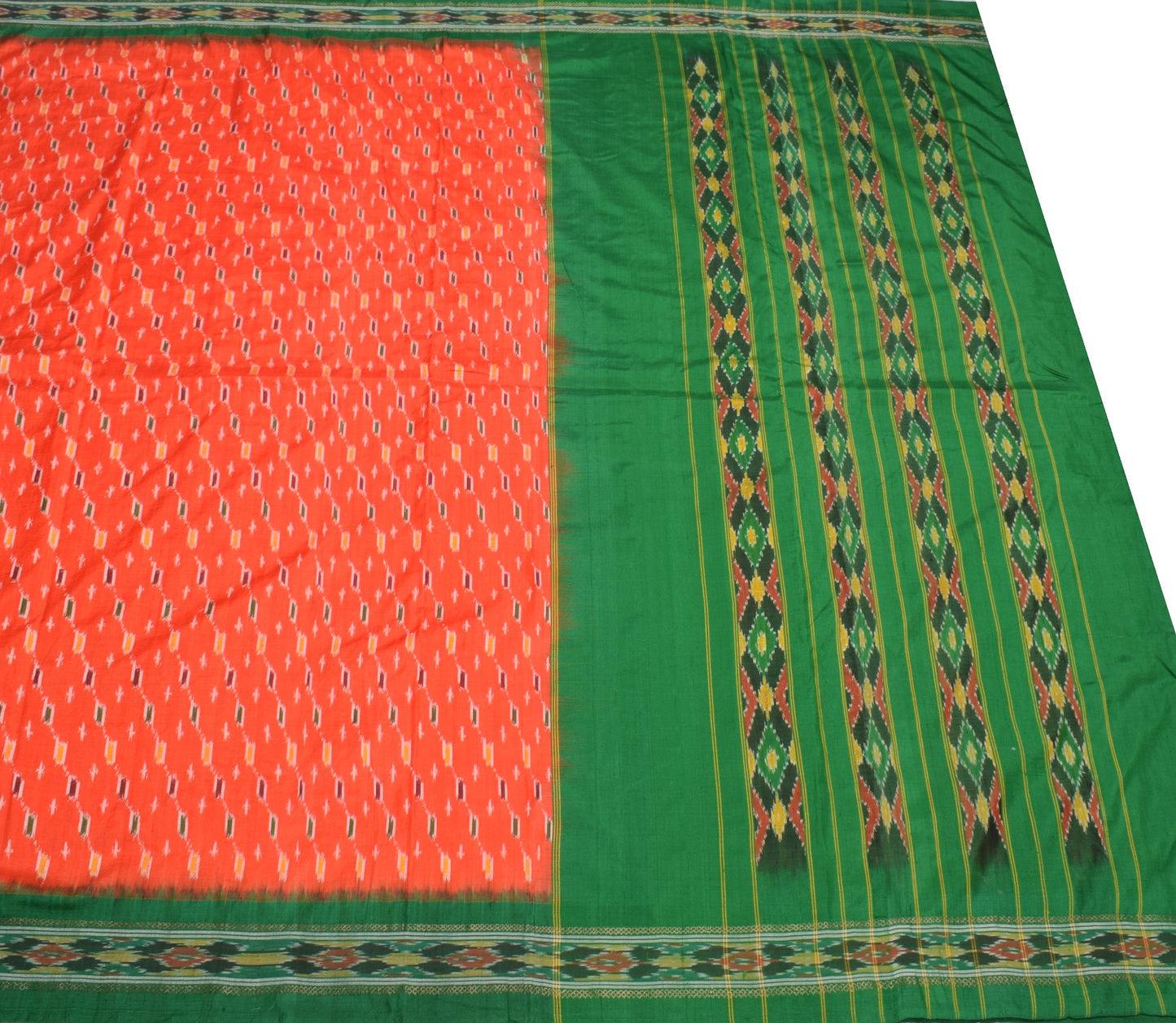 Sushila Vintage Orange Pure Silk Saree Hand Woven Ikat Patola Sari Craft Fabric
