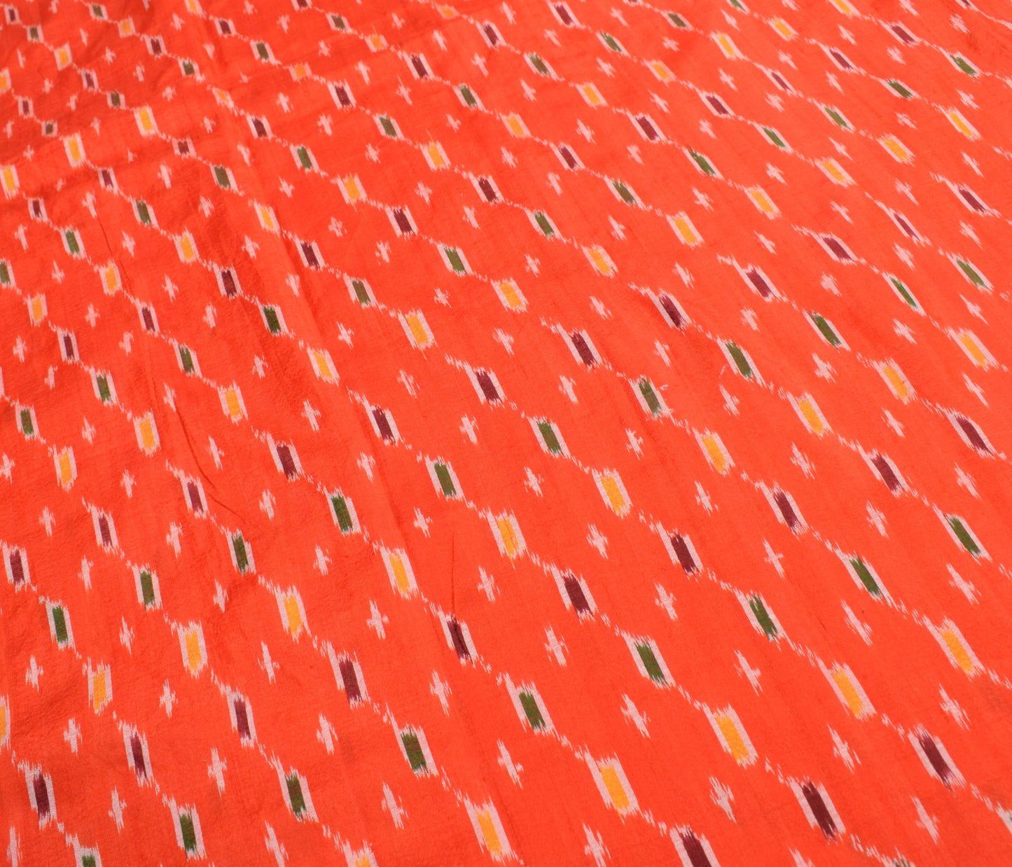 Sushila Vintage Orange Pure Silk Saree Hand Woven Ikat Patola Sari Craft Fabric