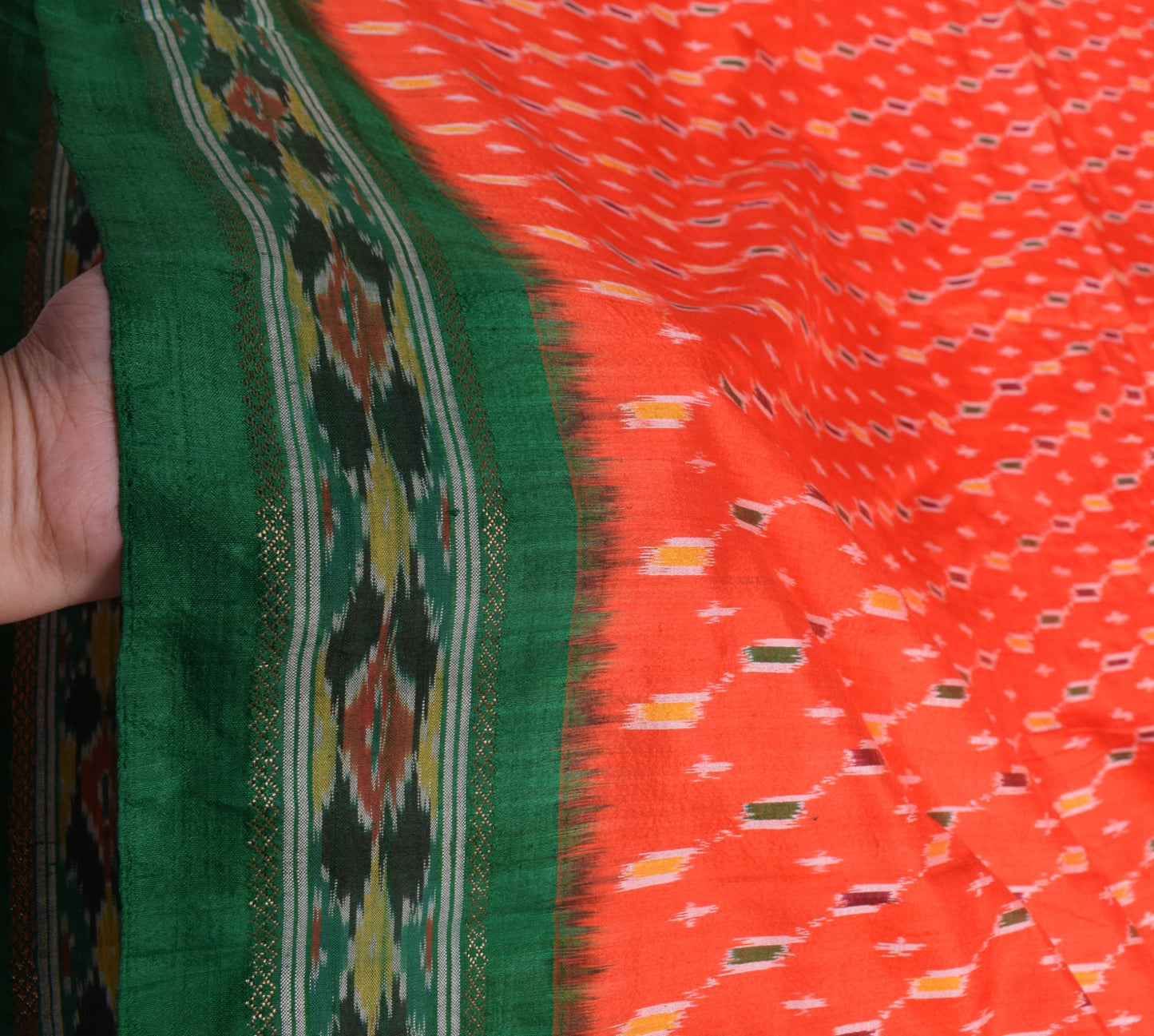 Sushila Vintage Orange Pure Silk Saree Hand Woven Ikat Patola Sari Craft Fabric