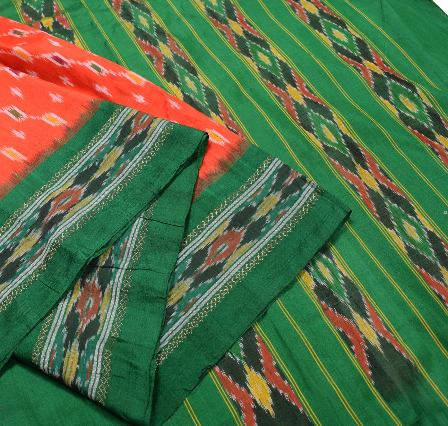 Sushila Vintage Orange Pure Silk Saree Hand Woven Ikat Patola Sari Craft Fabric