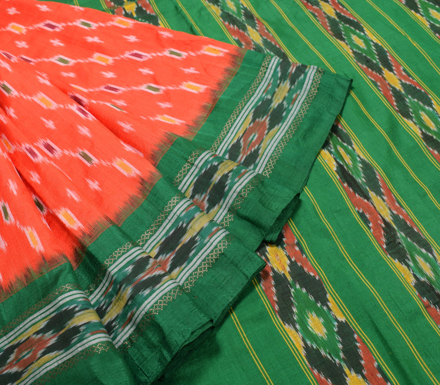 Sushila Vintage Orange Pure Silk Saree Hand Woven Ikat Patola Sari Craft Fabric