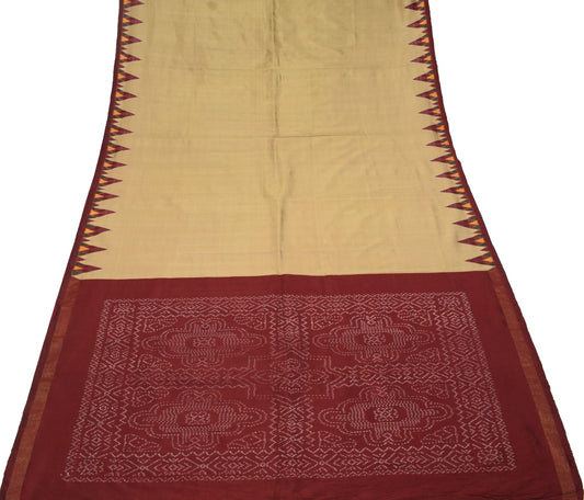 Sushila Vintage Hand Woven Ikat Patola Saree Pure Silk Brown Sari Craft Fabric