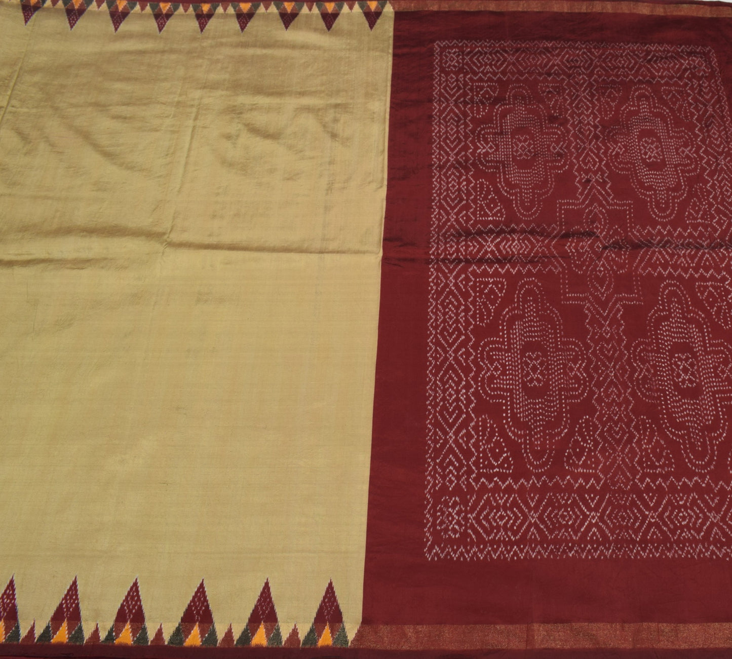 Sushila Vintage Hand Woven Ikat Patola Saree Pure Silk Brown Sari Craft Fabric