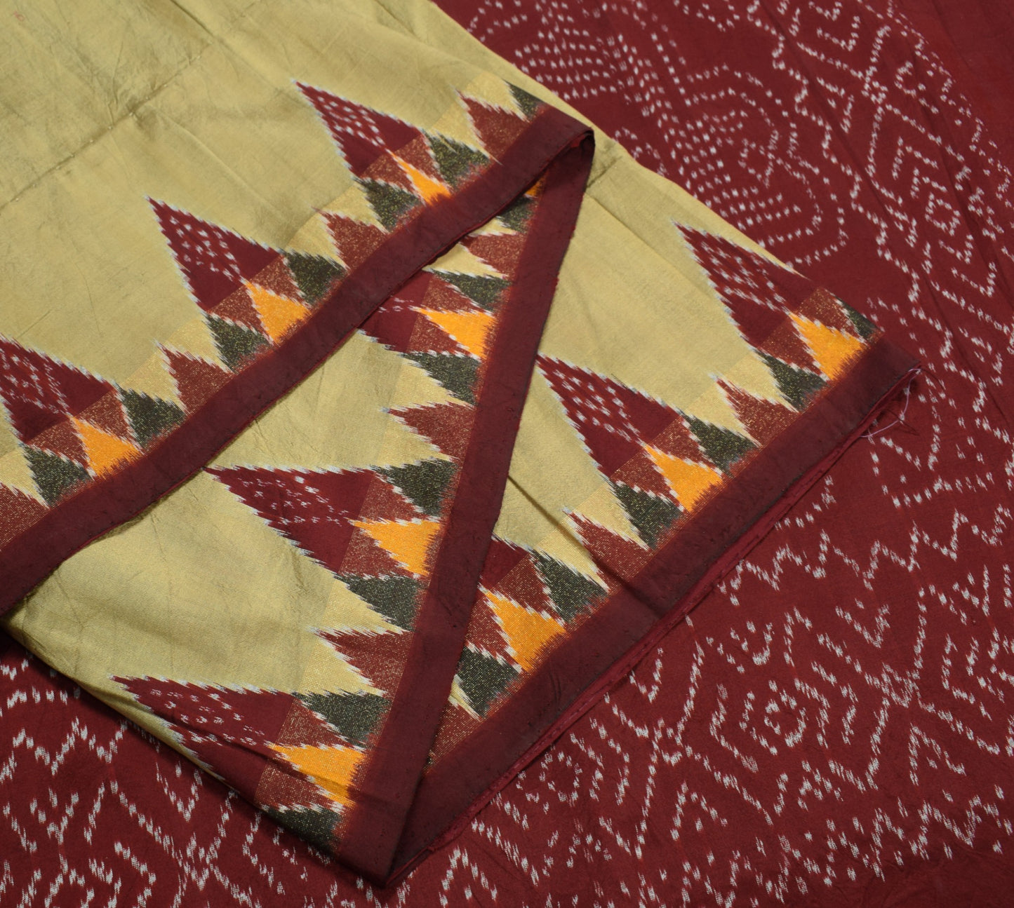 Sushila Vintage Hand Woven Ikat Patola Saree Pure Silk Brown Sari Craft Fabric