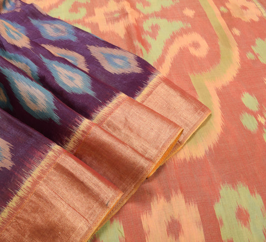 Sushila Vintage Hand Woven Purple Saree Pure Cotton Silk Pochampally Ikat Sari