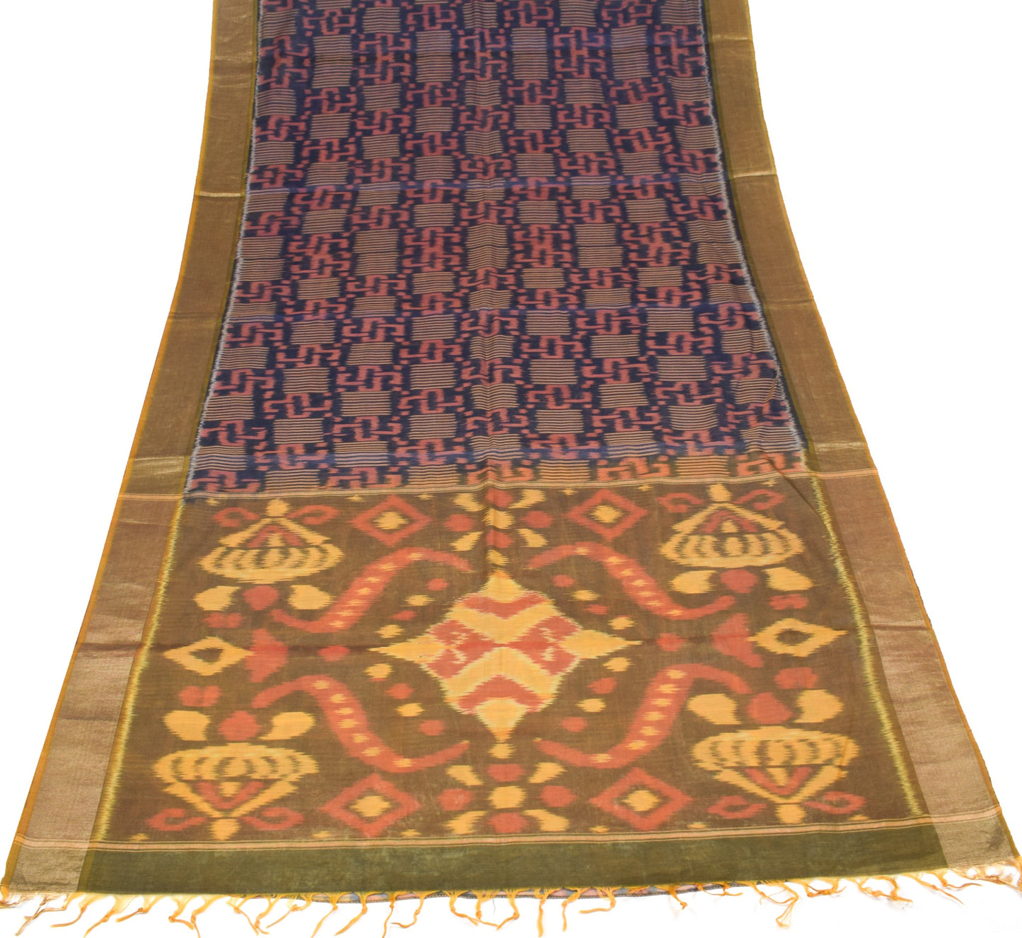 Sushila Vintage Blue Hand Woven Saree Pure Cotton Silk Pochampally Ikat 5Yd Sari